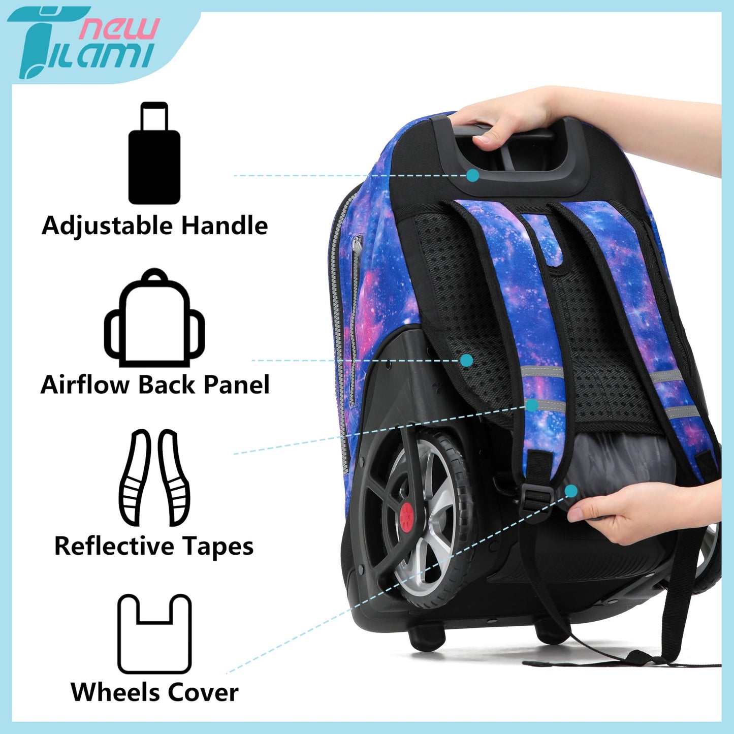 NEW TILAMI 19" Rolling Backpack for kids, Adjustable Laptop Backpack
