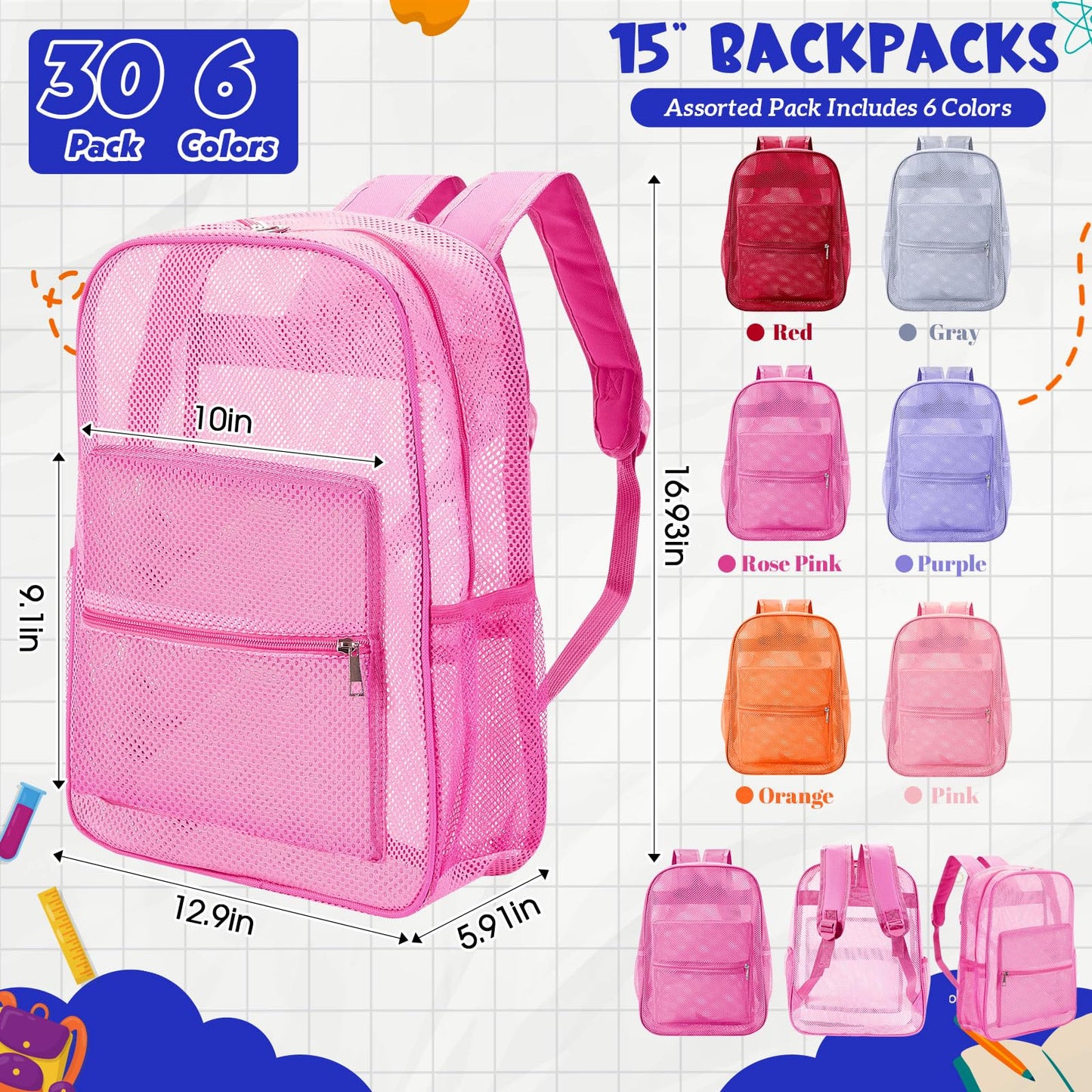 Amylove 17" Mesh Backpack – 48 Pack, Colorful