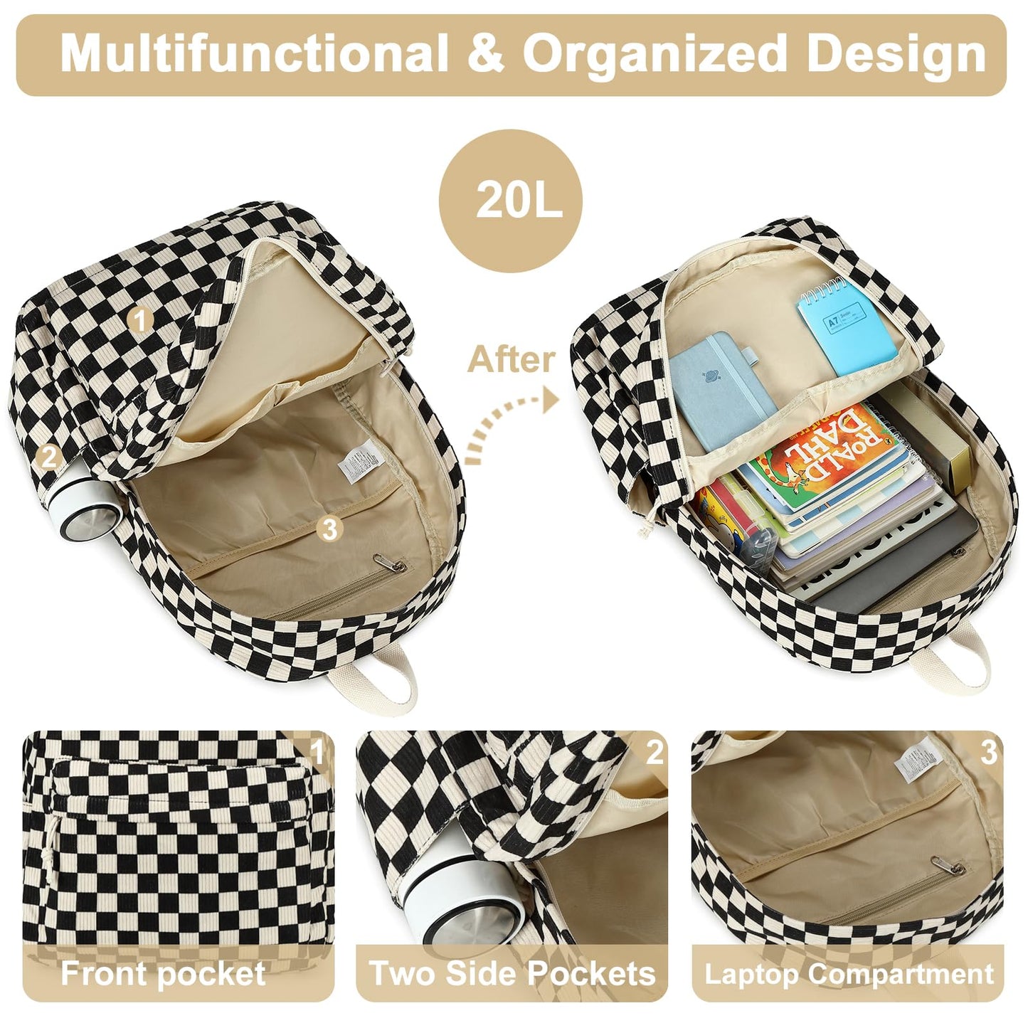 School Backpack for Teen Girls & Women, Corduroy