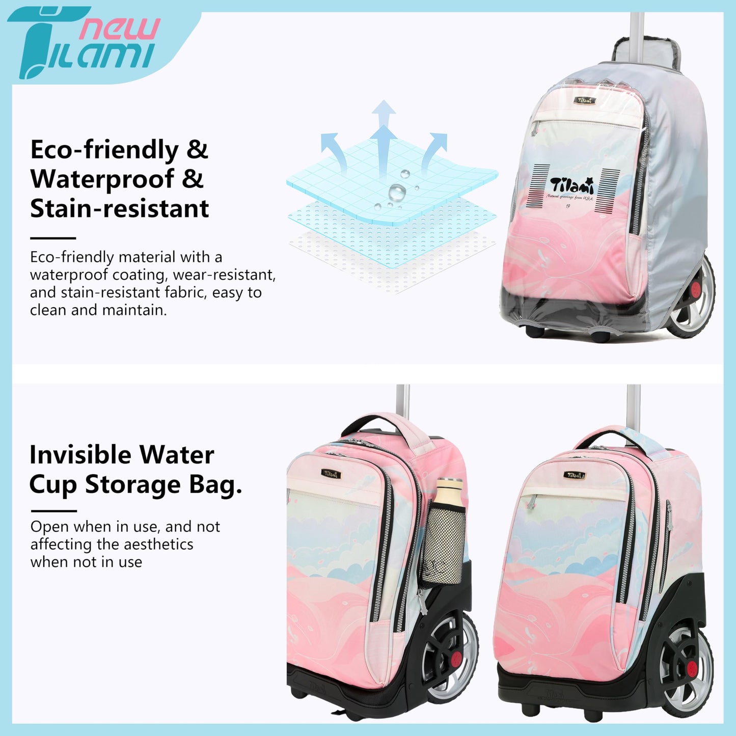 NEW TILAMI 19" Rolling Backpack for kids, Adjustable Laptop Backpack
