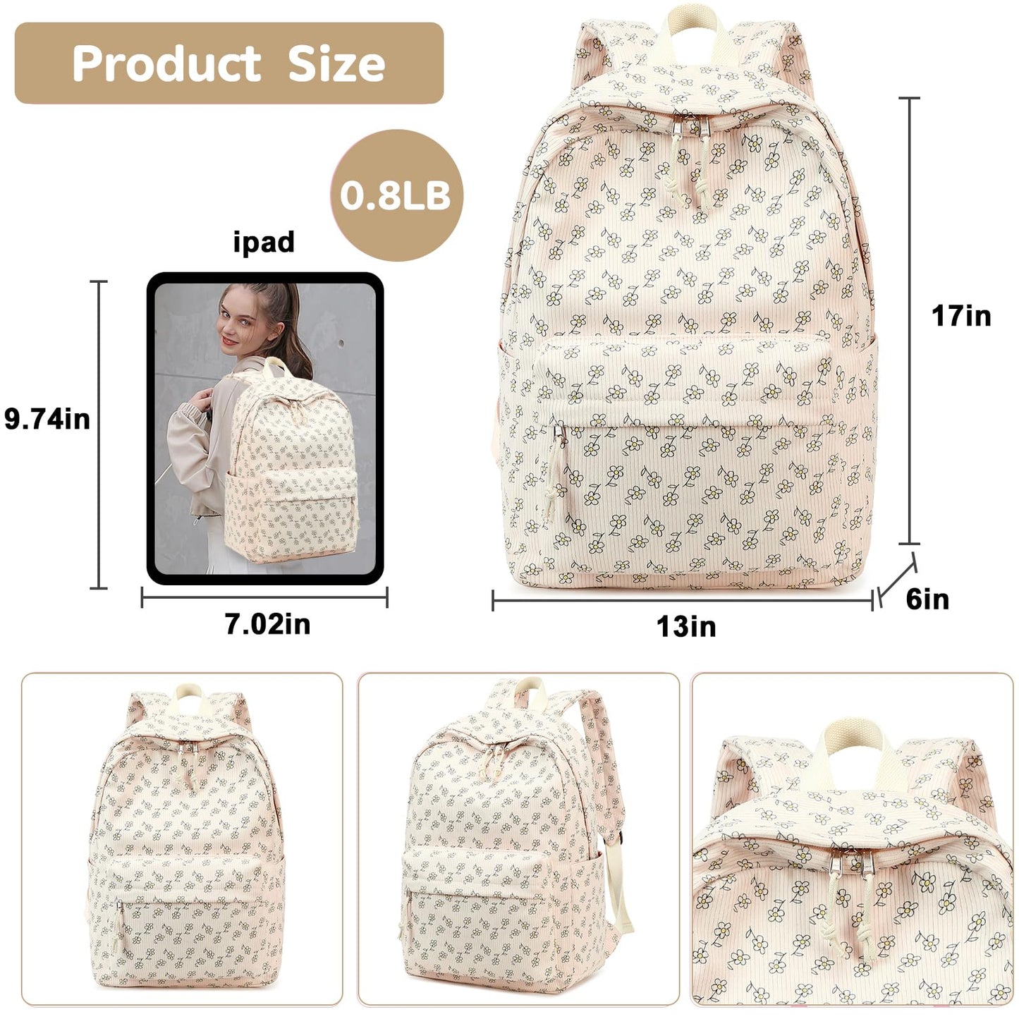 School Backpack for Teen Girls & Women, Corduroy