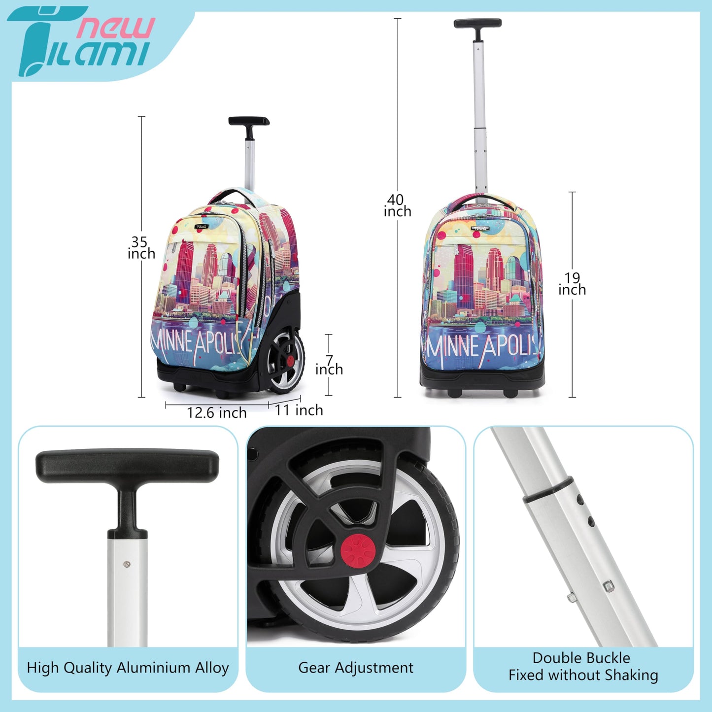 NEW TILAMI 19" Rolling Backpack for kids, Adjustable Laptop Backpack
