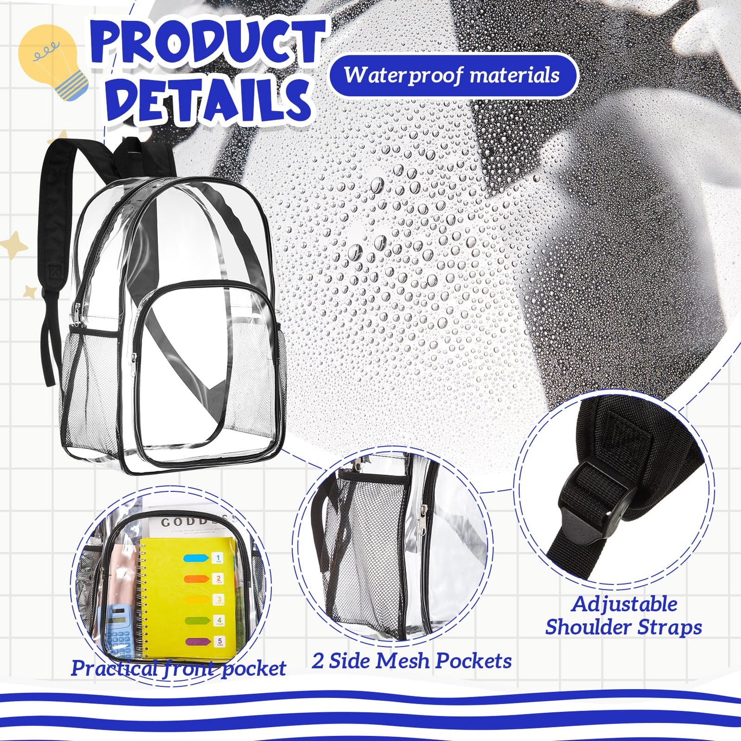 Amylove Clear PVC Backpack, 15", Black, 100-Pack
