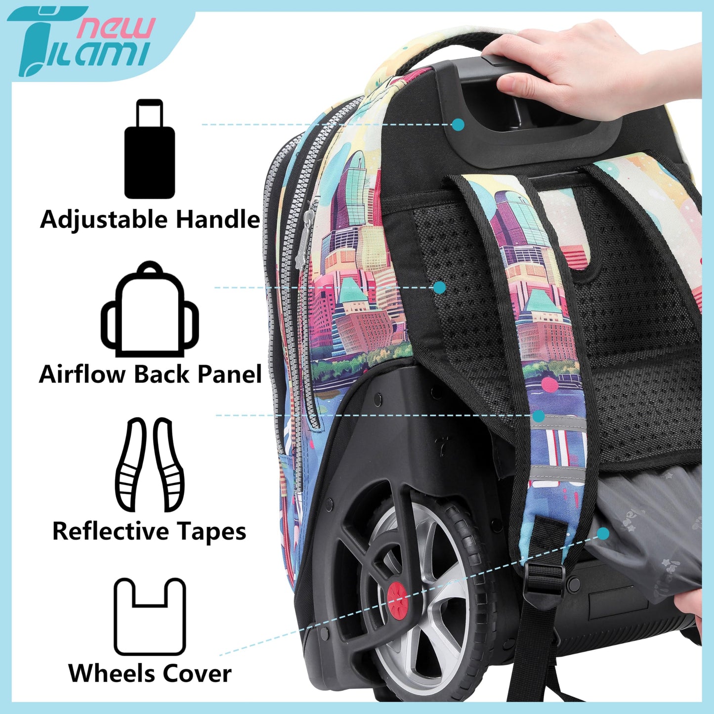 NEW TILAMI 19" Rolling Backpack for kids, Adjustable Laptop Backpack