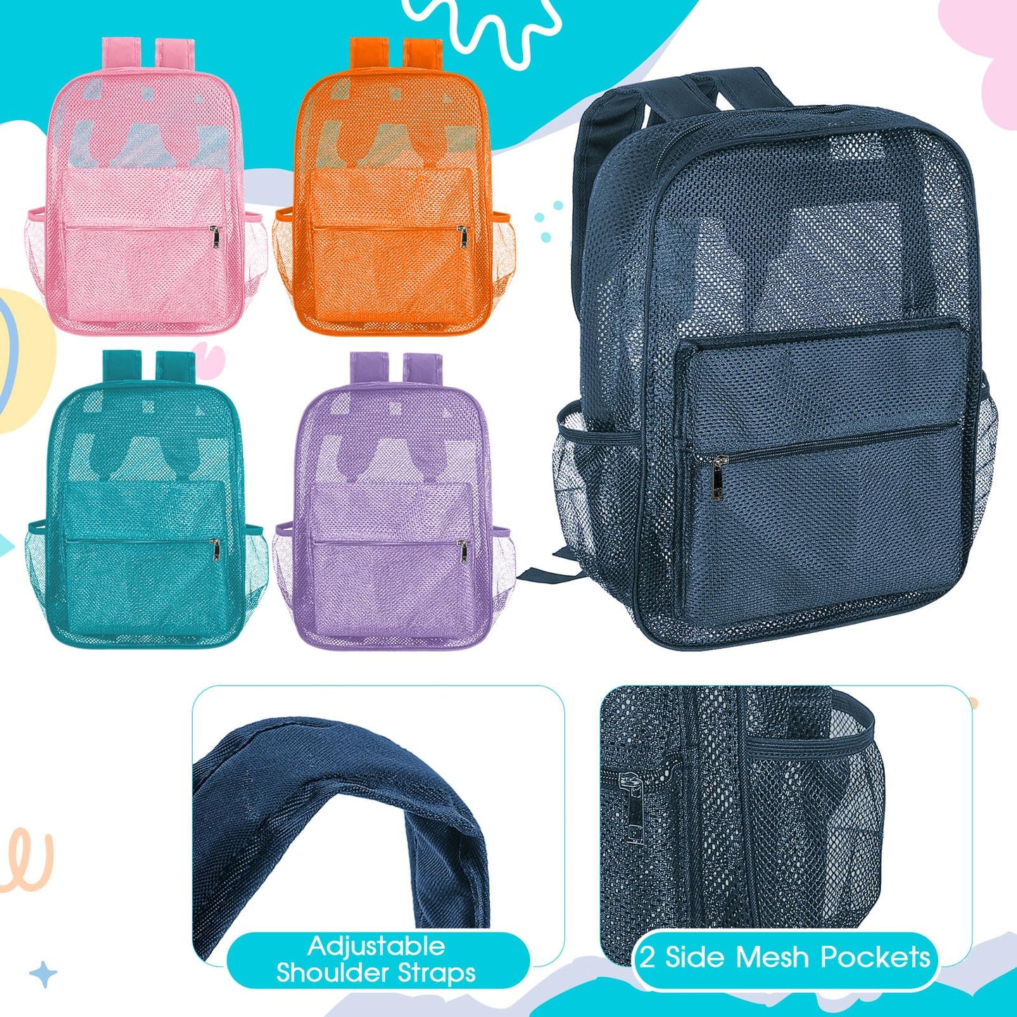 Amylove 17" Mesh Backpack – 48 Pack, Colorful