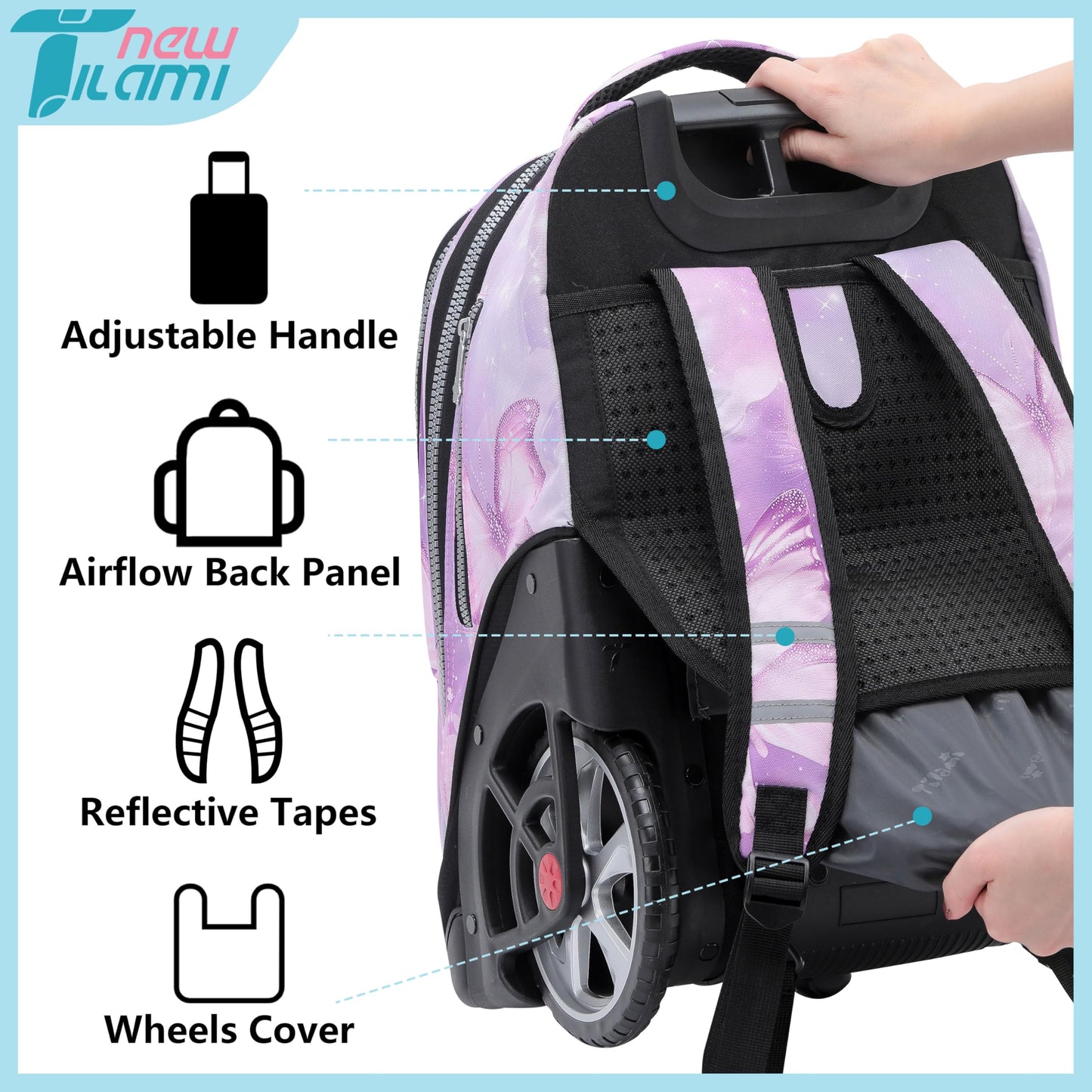 NEW TILAMI 19" Rolling Backpack for kids, Adjustable Laptop Backpack