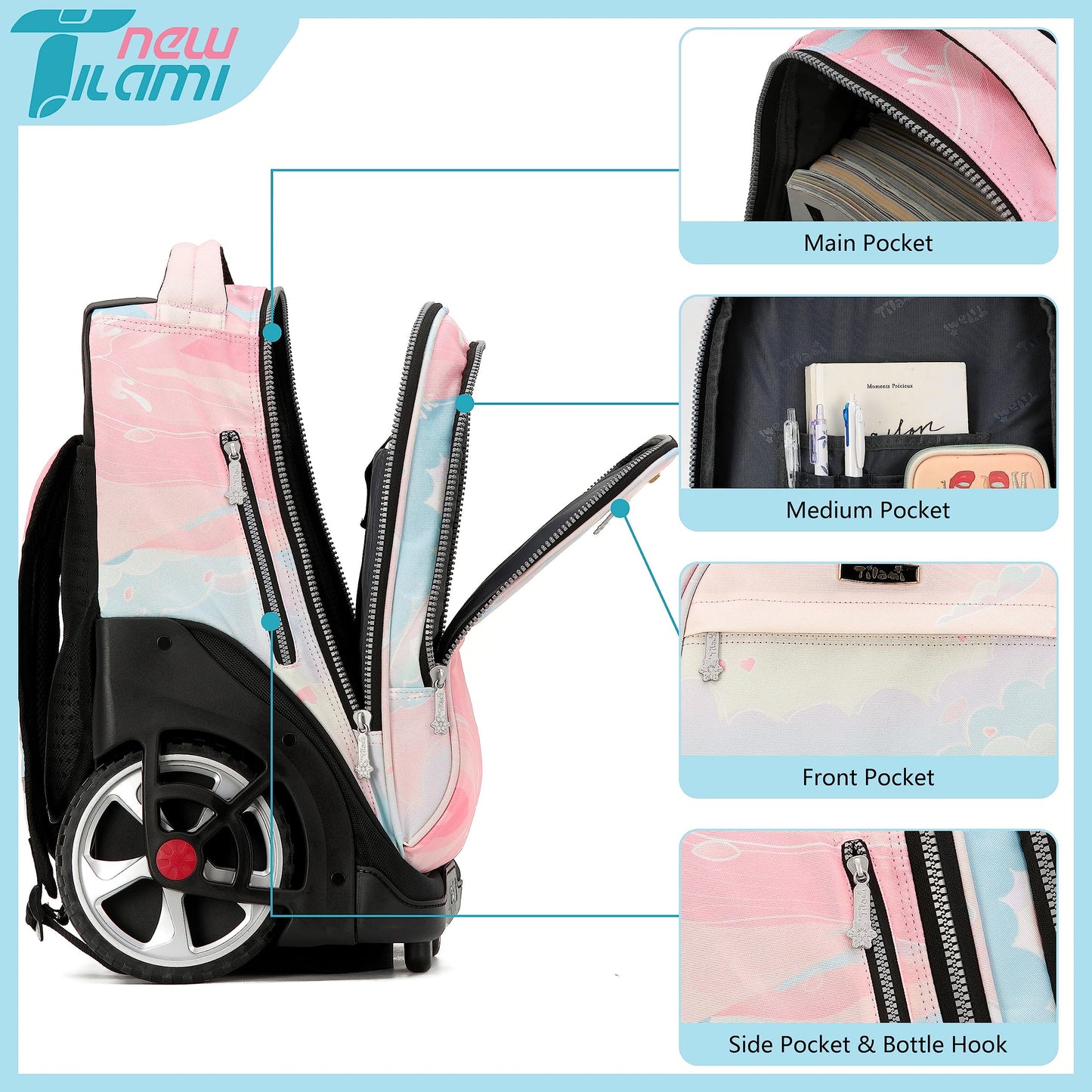NEW TILAMI 19" Rolling Backpack for kids, Adjustable Laptop Backpack