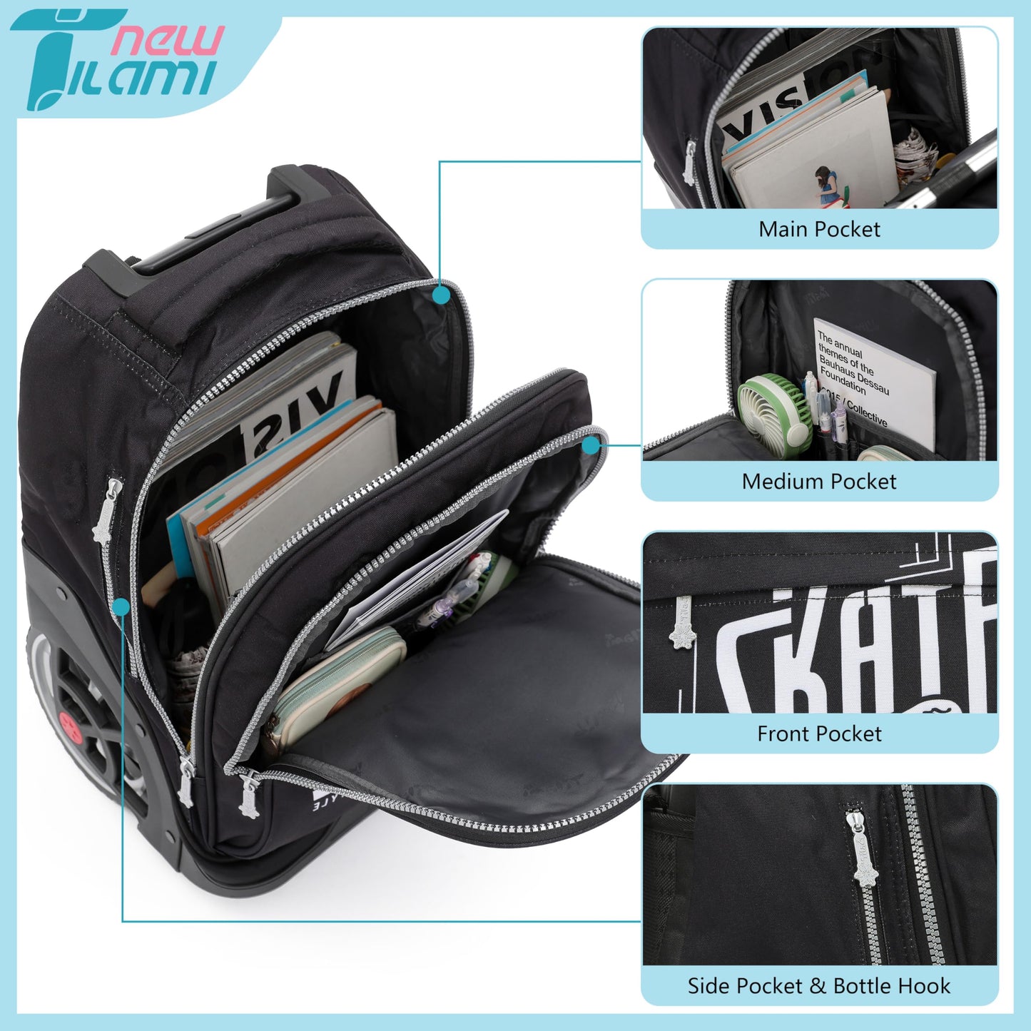 NEW TILAMI 19" Rolling Backpack for kids, Adjustable Laptop Backpack