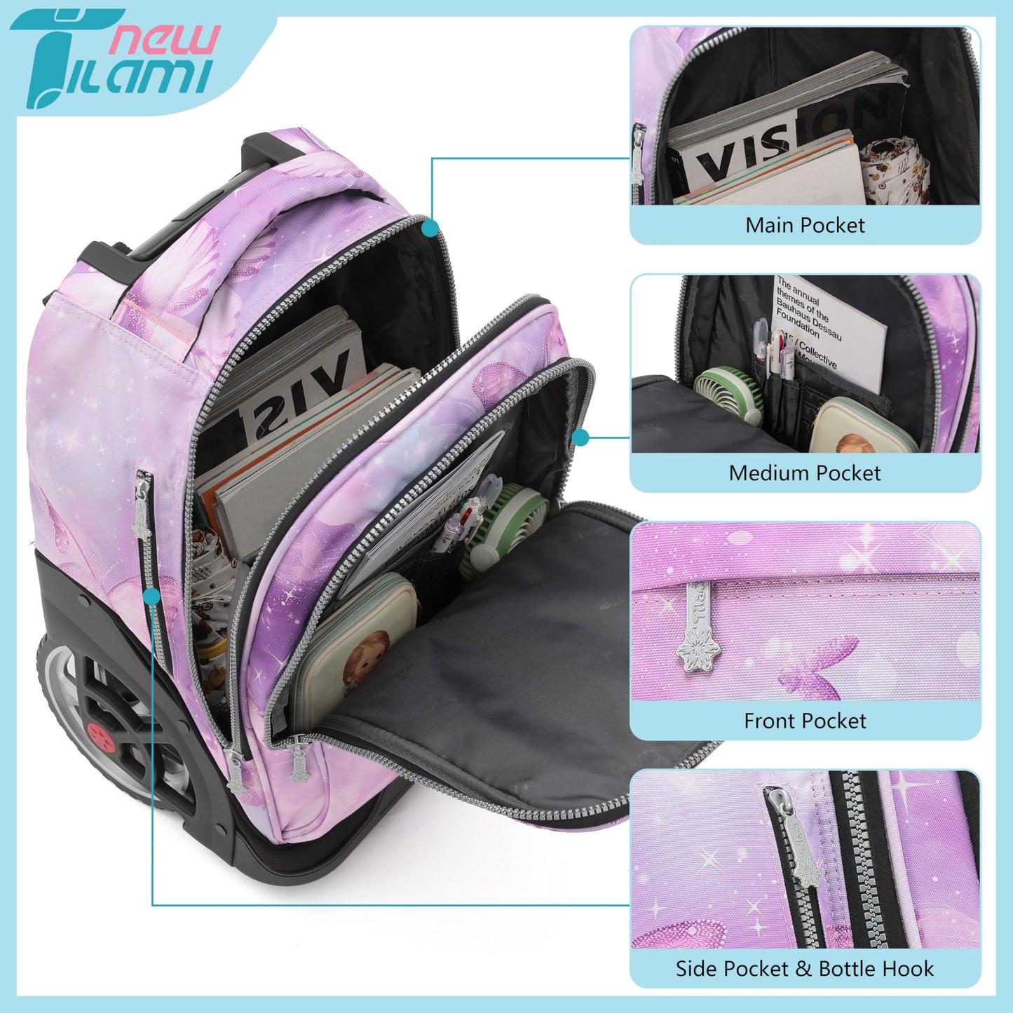 NEW TILAMI 19" Rolling Backpack for kids, Adjustable Laptop Backpack