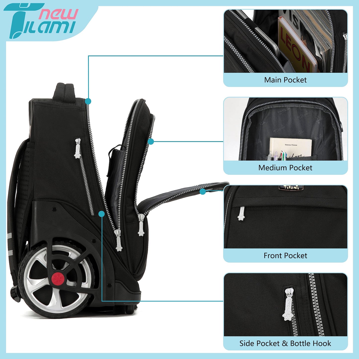 NEW TILAMI 19" Rolling Backpack for kids, Adjustable Laptop Backpack
