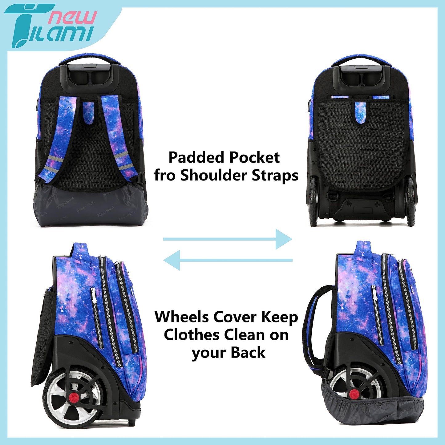 NEW TILAMI 19" Rolling Backpack for kids, Adjustable Laptop Backpack