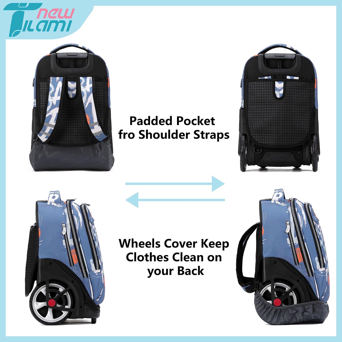 NEW TILAMI 19" Rolling Backpack for kids, Adjustable Laptop Backpack