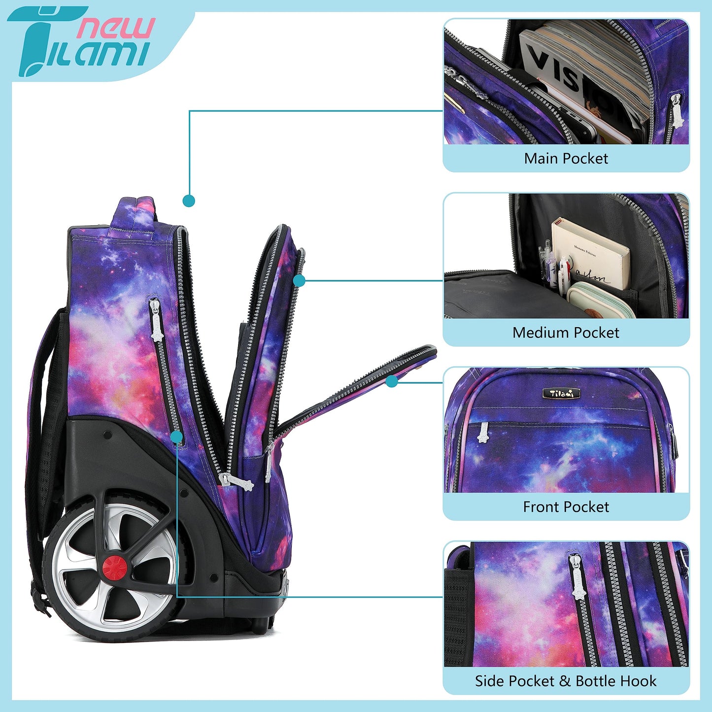 NEW TILAMI 19" Rolling Backpack for kids, Adjustable Laptop Backpack