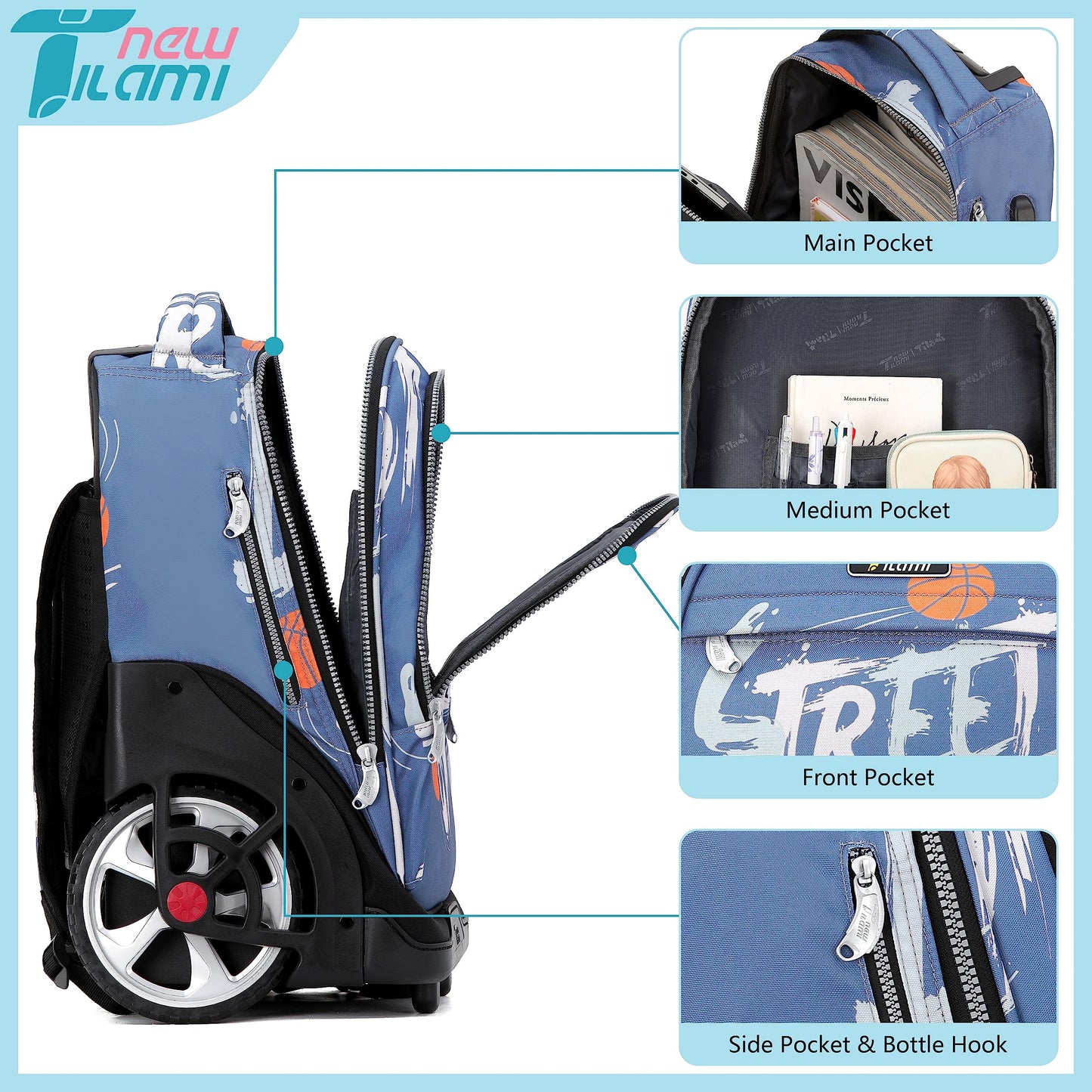 NEW TILAMI 19" Rolling Backpack for kids, Adjustable Laptop Backpack