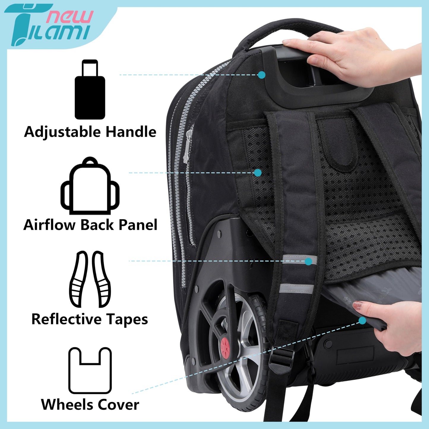 NEW TILAMI 19" Rolling Backpack for kids, Adjustable Laptop Backpack
