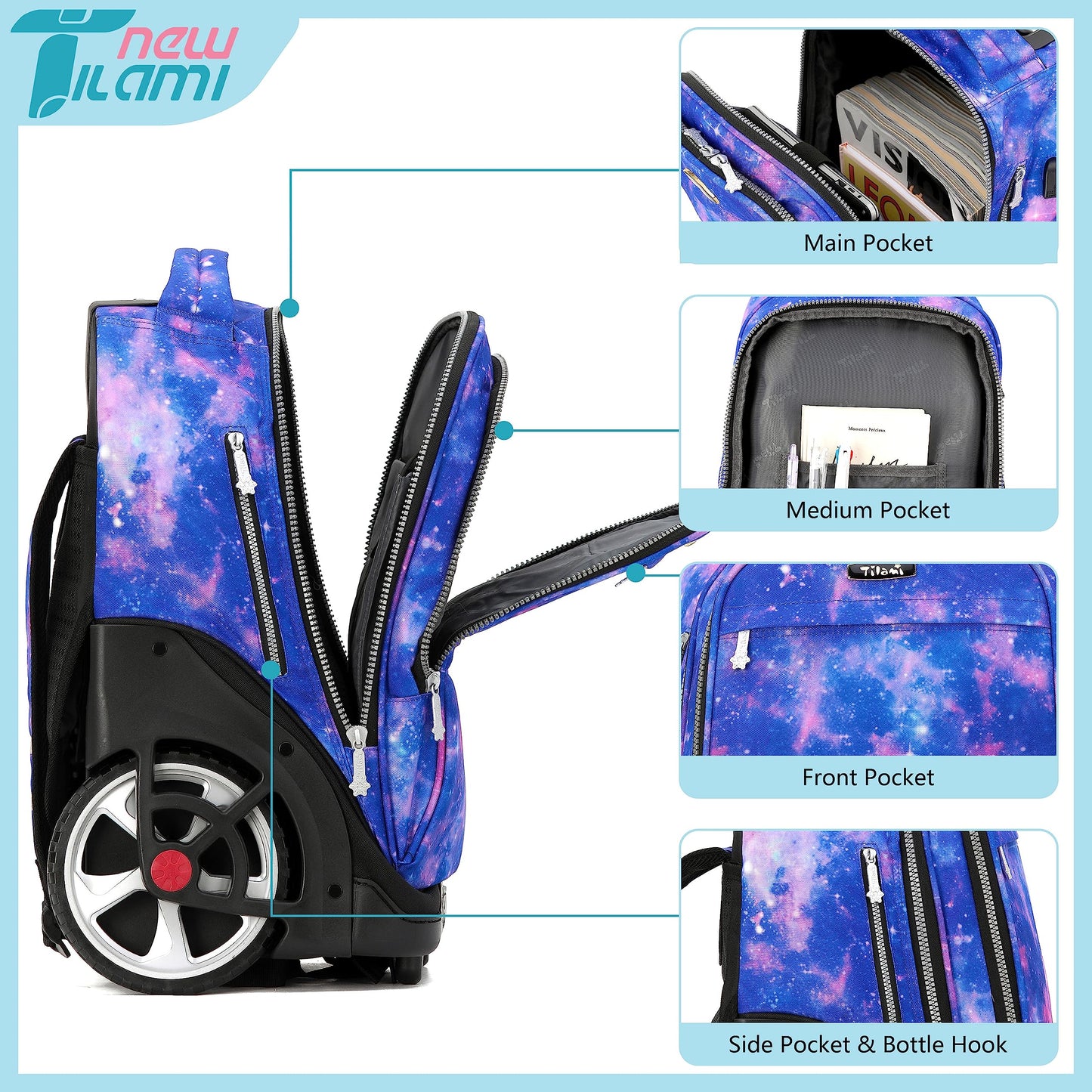 NEW TILAMI 19" Rolling Backpack for kids, Adjustable Laptop Backpack